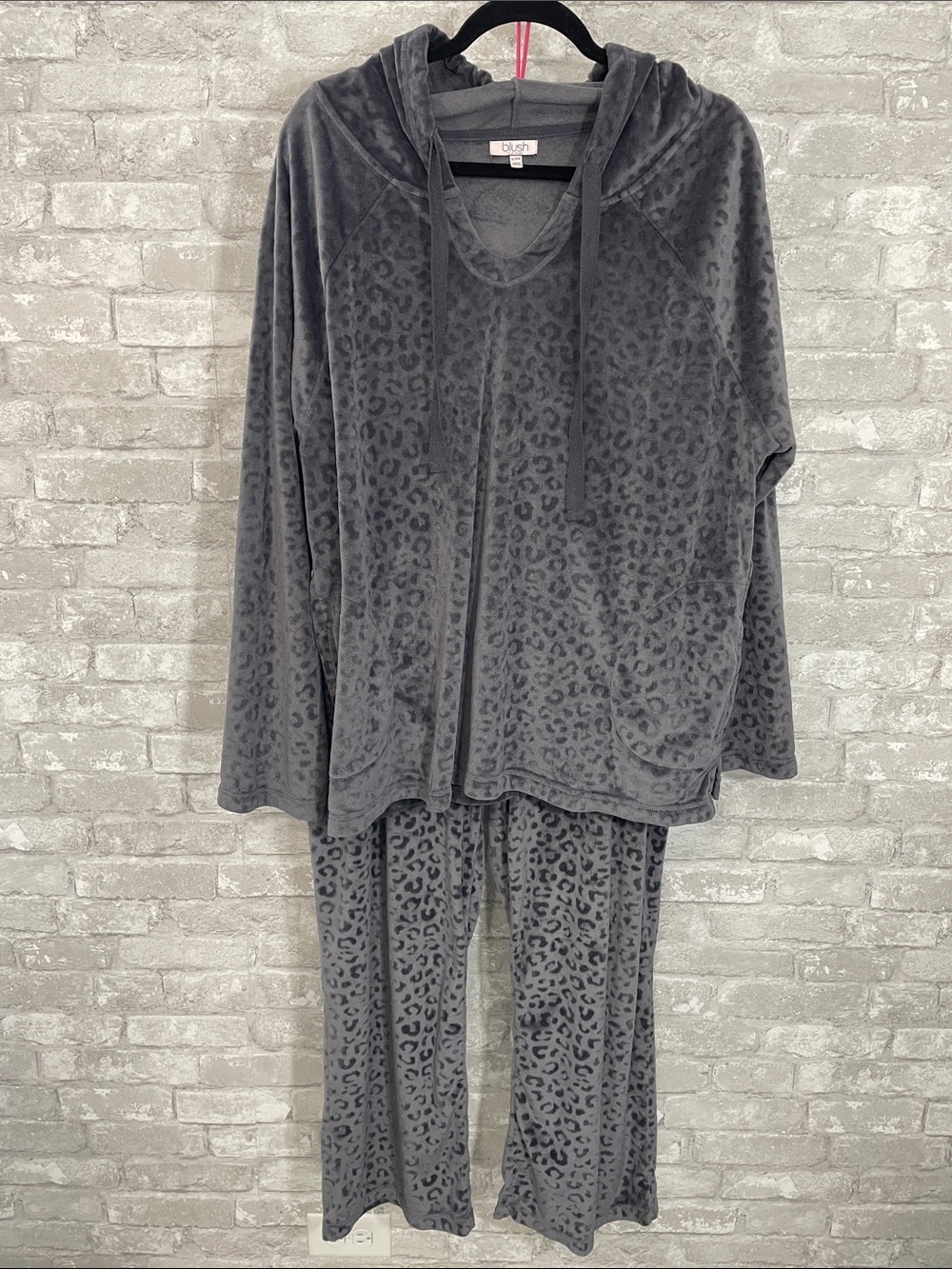 Blush Gray Leopard Plush Hooded Loungewear Pajama Set